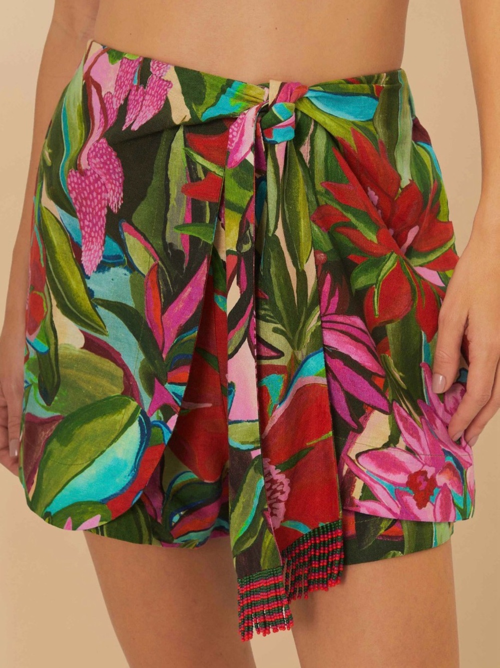 FARM Rio Tropical Tie-Front High Waist Shorts - Pink, Green & Red